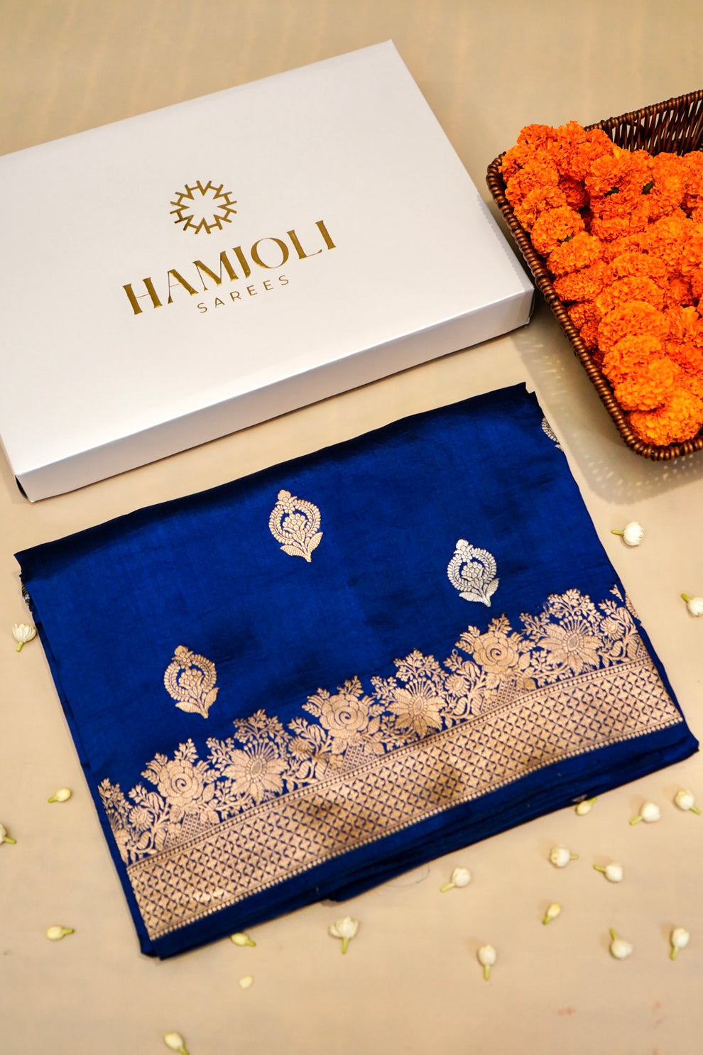 Royal blue pure Mulberry Katan silk Banarasi saree with floral motifs full drape