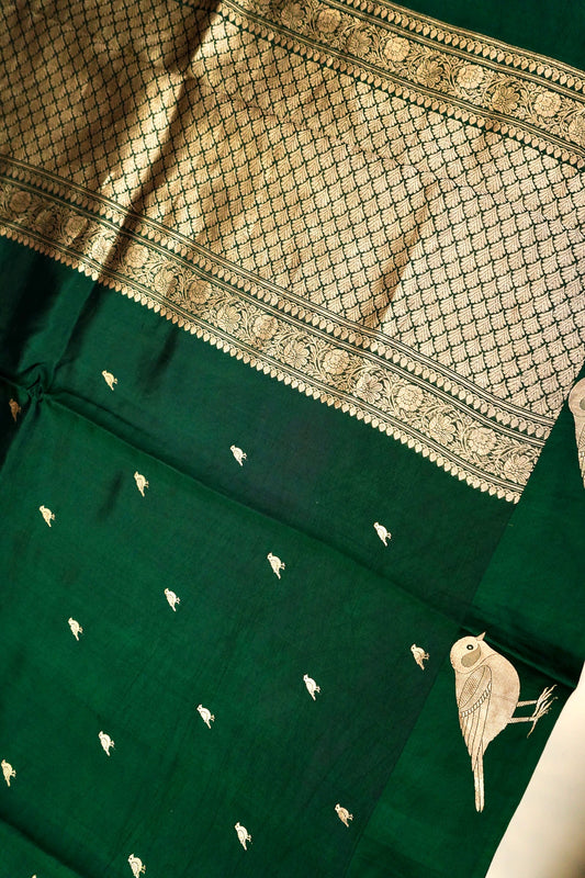 Dark Green Pure Mulberry Katan Silk Saree