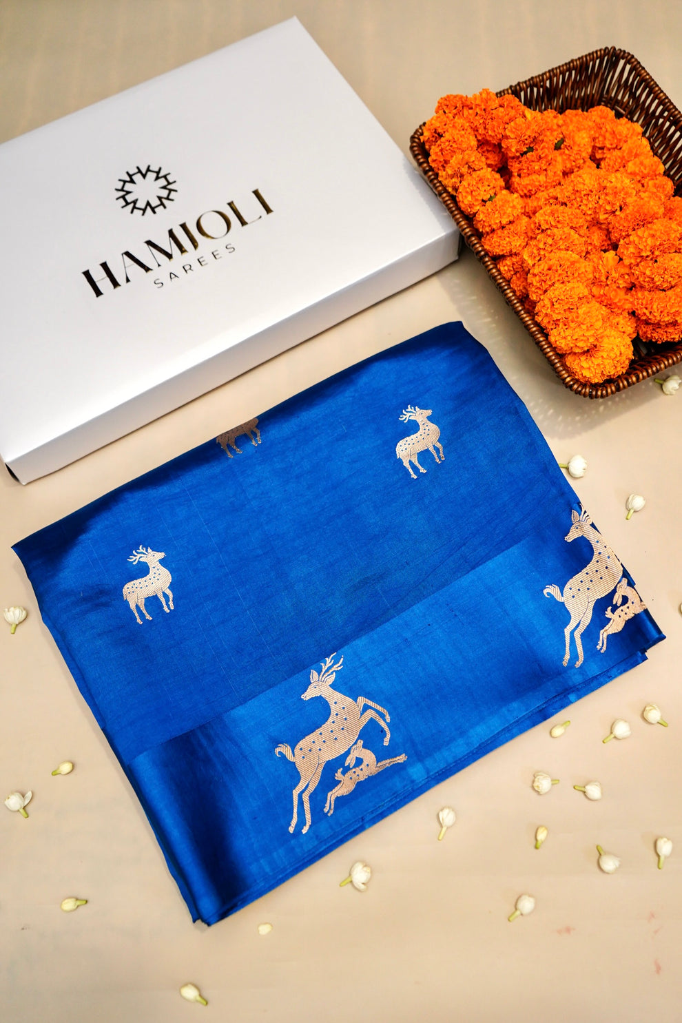 Blue pure Mulberry Katan silk Banarasi saree with deer motifs full drape