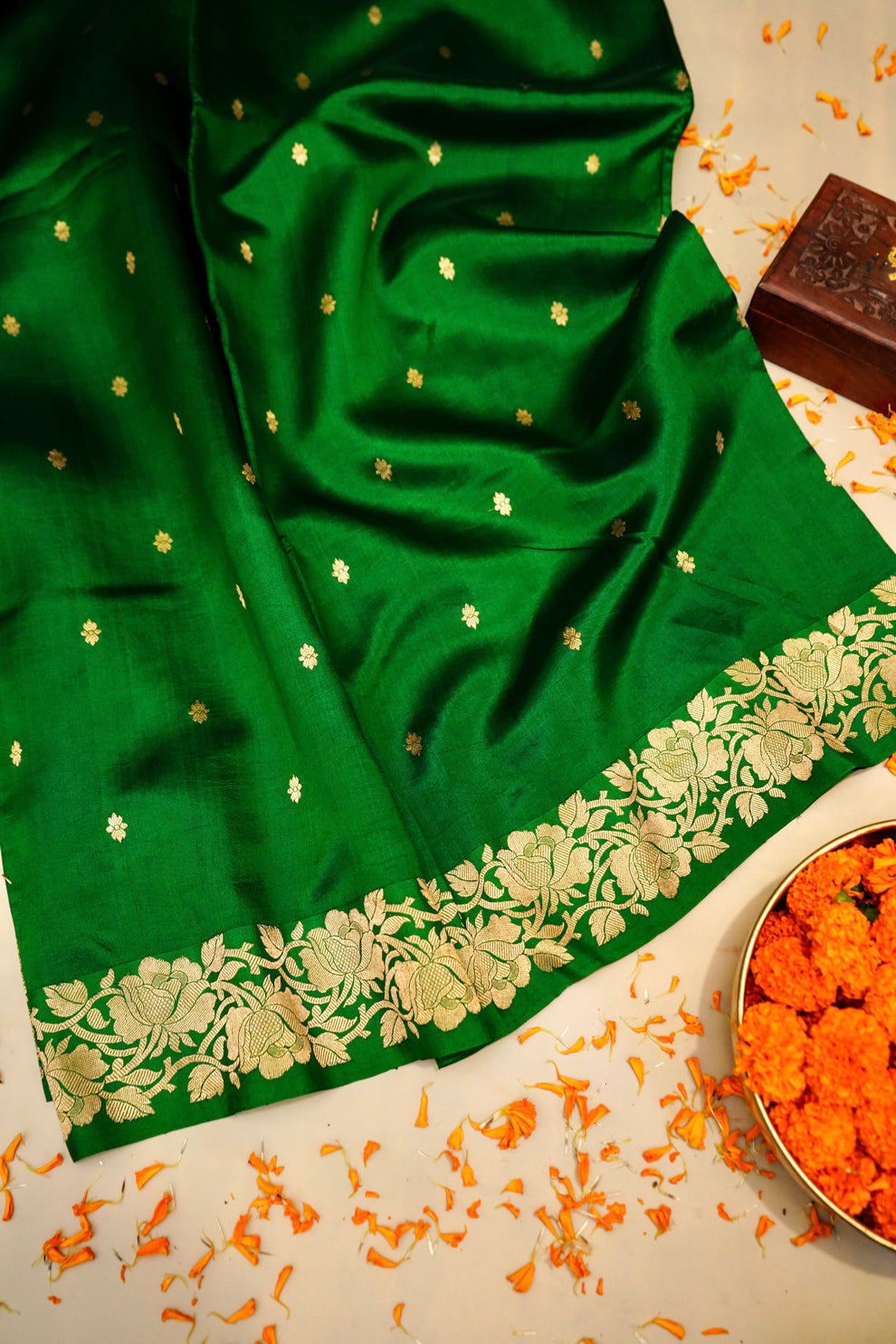 Green pure Mulberry Katan silk Banarasi saree with small zari motifs full drape