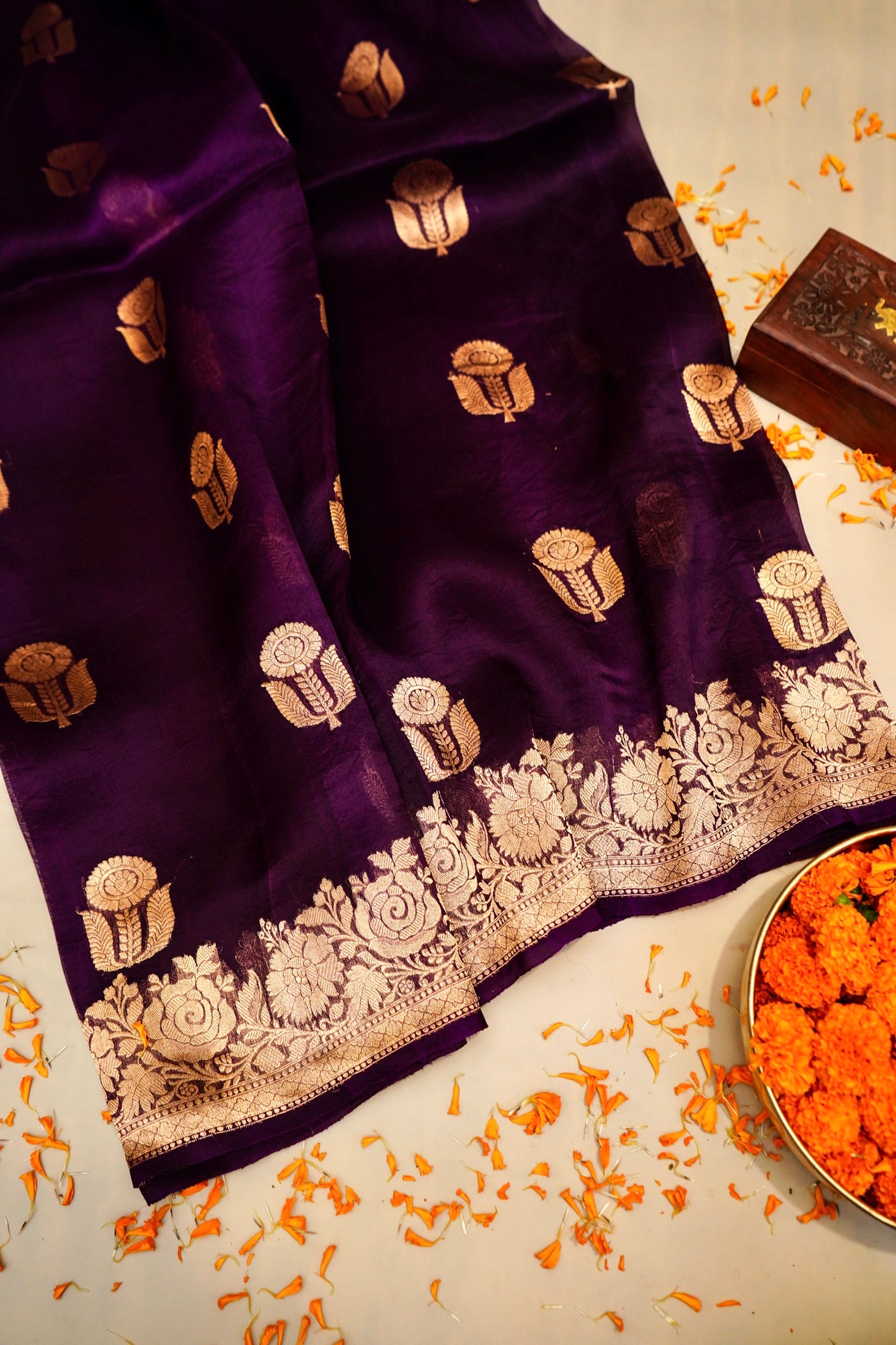 Dark Purple Pure Kora Silk Saree